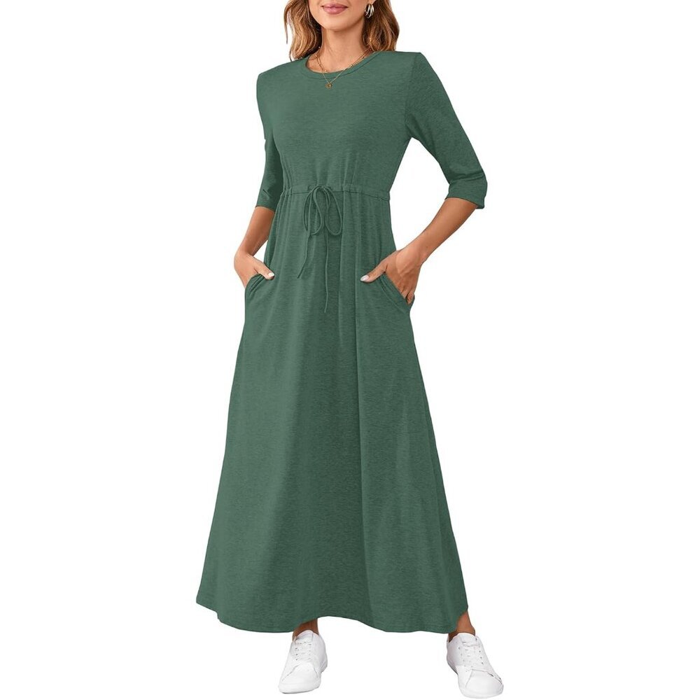 Women's Maxi Dress Soft Stretch Casual Long Sleeves Belt Pockets